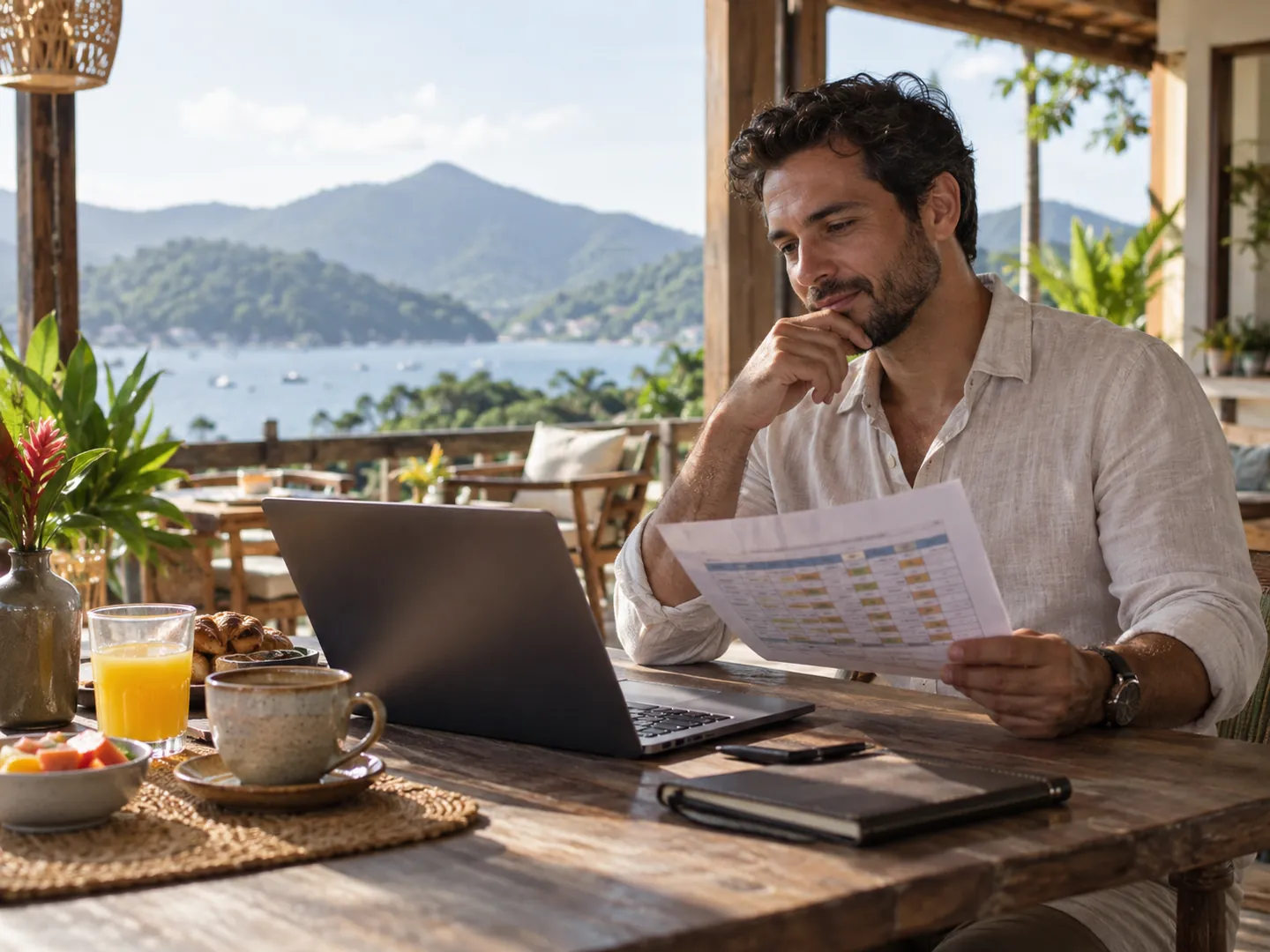 Hotel manager reviewing occupancy on the terrace