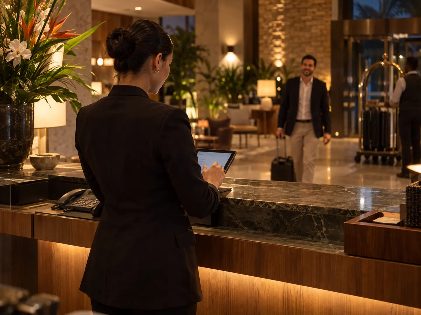 Receptionist preparing for a guest arrival