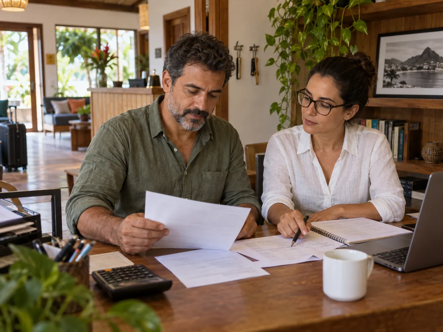 Managers reviewing an inn’s financial documents
