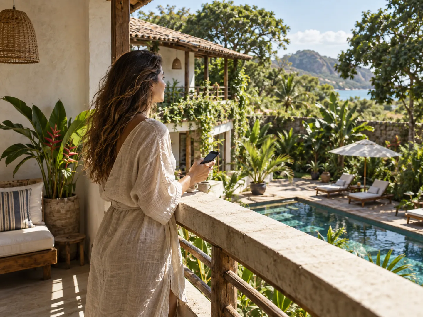 Traveler at an inn holding a phone